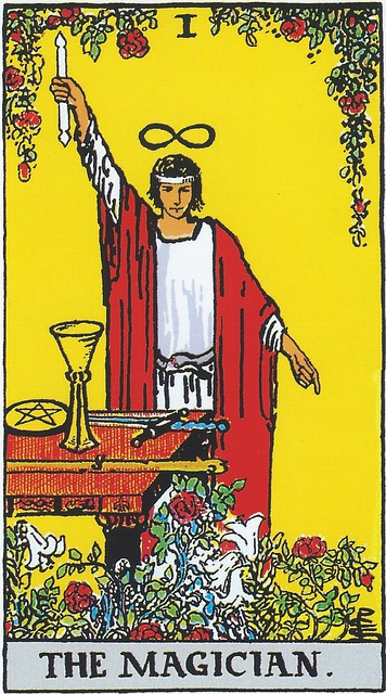 Major Arcana Tarot Car 1 - The Magician 
The Magician, in red and white, stands at an altar, one raised hand holding a wand, pointing at the sky, the other pointing to the ground, symbolic of the marriage of the divine (inspiration) and the earth (the work to make it happen).  Above his head is the Infinity symbol ∞, indicating infinite potential, power, and options.  Around his waist is a snake eating its tail, also known as an ouroboros, another sign of infinity.  On the altar before the Magician sits symbols representing the suits in the tarot deck: cups, wands, swords, and pentacles, which, in turn represent all 4 elements, water, fire, air, and earth, representing wholeness – all the tools necessary for creation.  