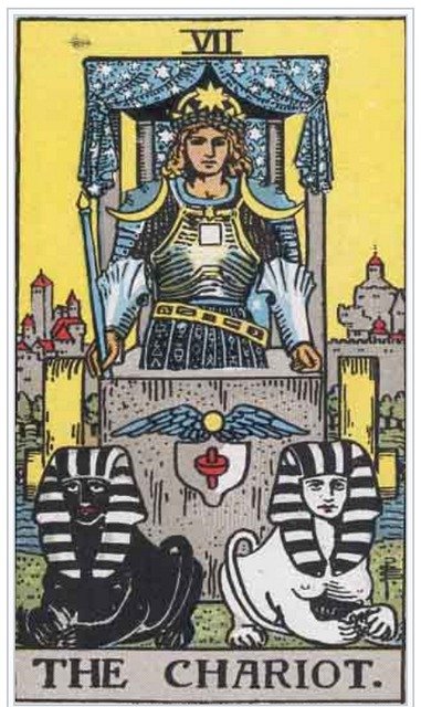 Tarot card - The Chariot
A warrior, wearing a laurel wreath and crown with an eight-pointed star stands in a stone chariot.  Above him is a canopy of stars.  His armor contains an alchemical square, representing the four corners of the earth.  On the front of the chariot is a winged sun and the graphical symbol for yoni-lingam.  Under him are two sphinx’s, one white, one black, representing duality.  There is a river behind him, and the background of the card is bright yellow. 
