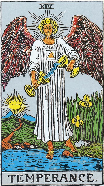 Tarot cards Number 14, Temperance.  
An angel, wings outspread, stands at the edge of a body of water, one foot in, one out. Around the pool grow yellow irises. In his hands he is pouring from one chalice into the other.  The center of his forehead Has a symbol, a circle with a dot in the middle, and his head is surrounded by a nimbus of light. At the center of his chest, is a square containing a triangle within.  A path meanders away from the water in the direction of two mountains with a sun rising in the middle
