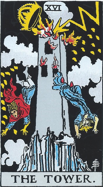 Tarot card - 16. The Tower 
Perched atop a rocky crag is a tower, flames spouting from its windows, and its roof – shaped like a crown, being blown off by a mighty lightning bolt that culminates in an arrow.  Falling from the tower are two figures, one with long blue robes and wearing a crown or a jester’s hat, and one with a trailing red cloak.  The background of the card is dark and there are storm clouds and golden drops of fire scattered throughout. 