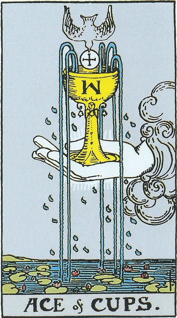 Tarot cards - The Ace of Cups 
a large hand is open with a golden chalice bearing an inverted M resting in the palm.  From the chalice, 5 streams of water flow down to a pond on which waterlilies float.  There are water droplets all around and below the chalice.  Above the chalice is a dove, facing or flying downwards into the chalice, holding within its beak a cross within a circle, or a wafer that is imprinted with the cross and circle.  
