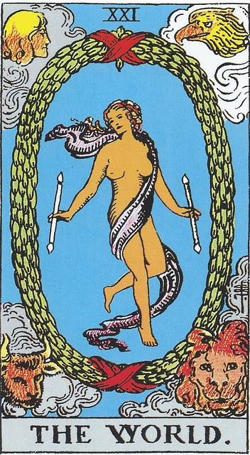 The World Tarot Card 
When The World Tarot Card shows up, it indicates a completion of a cycle of life, success, and joy.  It is one of those cards that is totally positive, even in reverse.  Literally the world is your oyster, and it is time to take a breath and rest in that success for a bit before beginning a new cycle of life.
