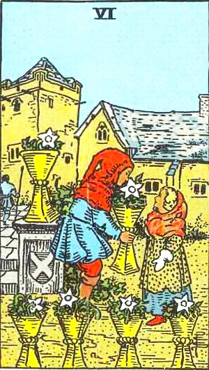 The Six of Cups
At the foot of a stone path in a garden leading to a fortress, a child wearing a red hood offers a cup brimming with flowers to a smaller child dressed like a grownup.  At their feet are four more cups also filled with flowers, and a sixth cup perches on a pedestal at the base of the path.  On the face of the pedestal is a shield with an X inside.  In the background we see a figure walking back up the stone path – that of a guard or a watchman perhaps - carrying a spear.  