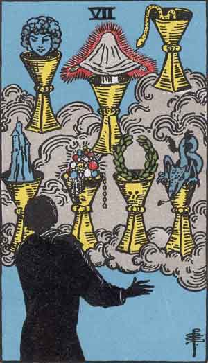 The Seven of Cups:   A figure that is shadowed stands in the foreground, back to us, facing a cloud on which 7 cups float.  They are all filled with something different.  One has a woman’s head floating above, one is shrouded, hands lifted as in entreaty, and red light emanating from it, one contains a snake, one a dragon with a forked tongue, one a laurel wreath, one overflows with jewels, and one contains a tower.  If you look closer at the cup containing the laurel wreath, there appears to be a skull etched in its side.  One gets the sense in looking at the card, that the figure is facing these cups filled with many choices, like we face the many paths that life can take us on.
