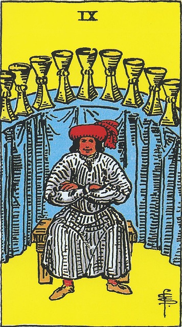 The Nine of Cups 
Sitting on a wooden bench is a man wearing a red turban and hose, with long white robes.  His arms are crossed, and he is smiling contentedly. Arranged behind him on a semi-circular platform draped in blue cloth, are 9 cups, which appear to be trophies or symbols of life’s successes and bounty.  