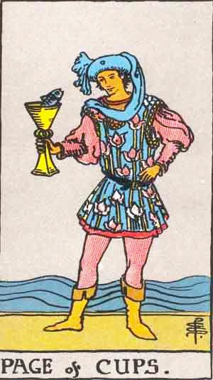 The Page of Cups.  Standing next to a flowing body of water is a young man wearing a blue hood/turban (??) and a colorful floral tunic sporting a waterlily motif. The colors of his clothing are pink and blue.  He holds a single cup in his right hand, and it is gazing at the fish which is emerging from the cup.   