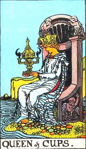 A queen, wearing a crown, sits on a throne adorned with cherubim that is situated on the shore of a body of water.  She holds in her hands an ornate, covered chalice adorned with angels with outspread wings and topped by a cross.  Her robes are blue and white and at her feet are round pebbles that appear to have washed up from the body of water.  Her feet are near the placid water, but they do not touch it.  The sky is clear blue with no clouds.  