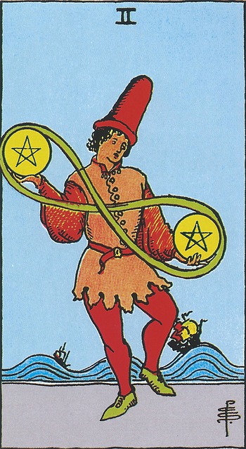 The Two of Pentacles:   A young man, clad in varying shades of red, stands on a flat surface, juggling two pentacles which are connected to one another by the infinity symbol, perhaps suggesting that life is a constant juggle.  His hat, also red, is tall, emphasizing that he needs to use his head. The sky in the background of the card is clear blue and there is a turbulent sea in the distance with ships navigating the deep swells.  The clear blue sky implies serenity, yet the stormy sea implies turmoil, echoing the sentiment of the connection between calm and chaos which the infinity symbol connects.  