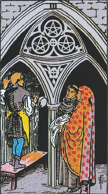 The Three of Pentacles card shows a stonemason at work in a church, seemingly following a plan held by a figure in an orange cloak who, along with a tonsured monk, stands looking on.  We can see the light streaming in from a half-open door.  There are three pentacles carved into the stone nearby, and they are black, rather than the usual gold (another name for pentacles is coins, and this suit often deals with material wealth).